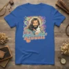 He is Rizzin' text with Jesus holding a bunny, on a blue t-shirt, retro psychedelic art style
