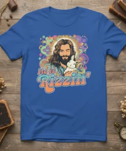 He is Rizzin' text with Jesus holding a bunny, on a blue t-shirt, retro psychedelic art style