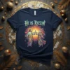 He Is Rizzin' t-shirt design with Jesus and Easter Bunny high-fiving, bright sunburst background