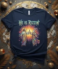 He Is Rizzin' t-shirt design with Jesus and Easter Bunny high-fiving, bright sunburst background