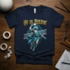 He Is Rizzin' funny volleyball t-shirt design with Jesus playing volleyball and golden text
