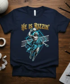 He Is Rizzin' funny volleyball t-shirt design with Jesus playing volleyball and golden text