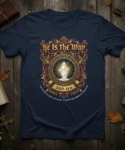 Christian t-shirt with gold ornate border, Jesus figure, and John 14:6 scripture text "He is the Way"