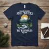 Christian t-shirt featuring the full quote "HE LEADS ME BESIDE STILL WATERS HE RESTORES my soul" from Psalm 23, with