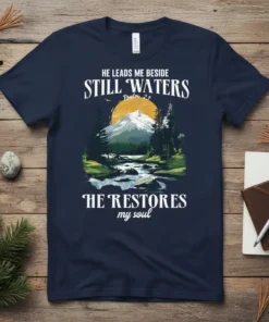 Christian t-shirt featuring the full quote "HE LEADS ME BESIDE STILL WATERS HE RESTORES my soul" from Psalm 23, with