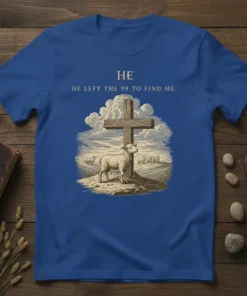 Christian T-Shirt with text "HE HE LEFT THE 99 TO FIND ME" and a graphic of a lamb and a