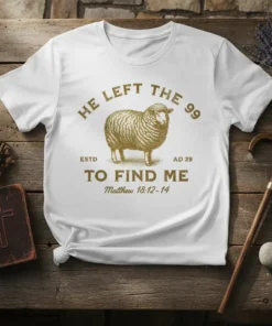 Christian t-shirt design with text "He Left The 99 To Find Me" and a sheep graphic, referencing Matthew 18:12-14