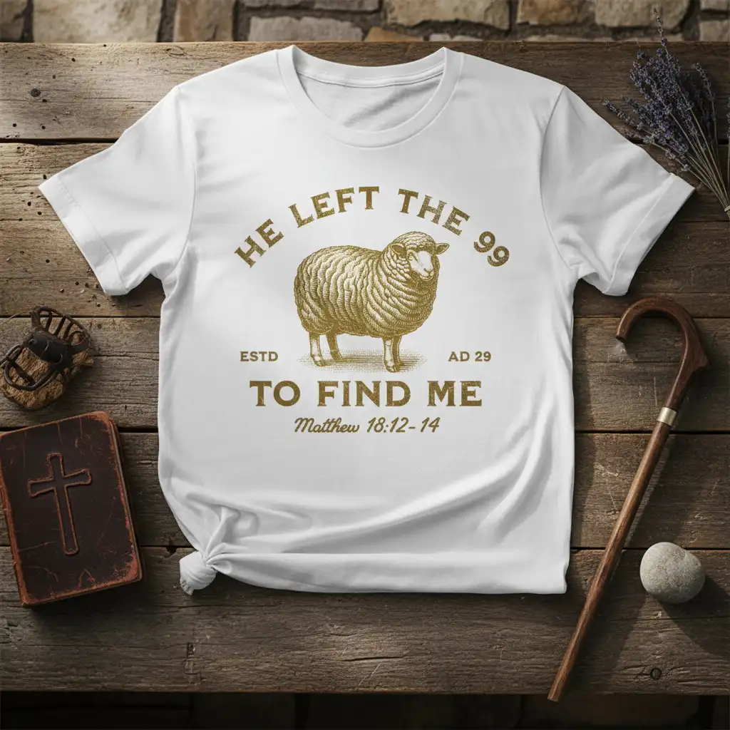 He Left The 99 To Find Me Christian t-shirt design with a golden sheep graphic and scripture reference Matthew 18:12-14