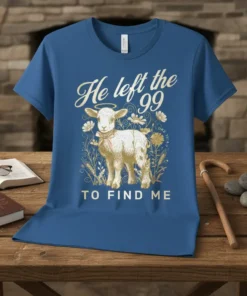 Christian t-shirt with "He left the 99 TO FIND ME" text and a lamb graphic, referencing Luke 15:4-7