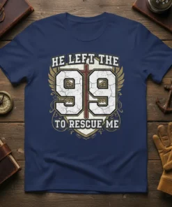 Christian t-shirt design with the text "He Left The 99 To Rescue Me" and a cross graphic