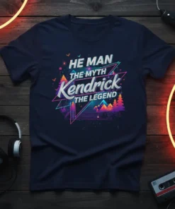 He Man The Myth Kendrick The Legend text design on a navy t-shirt with retro graphics and vibrant colors