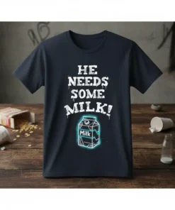 Dark t-shirt with white text "HE NEEDS SOME MILK!" and a glowing milk carton graphic