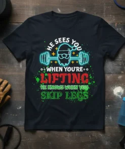 He Sees You When You're Lifting He Knows When You Skip Legs Christmas T-Shirt with Santa lifting weights graphic