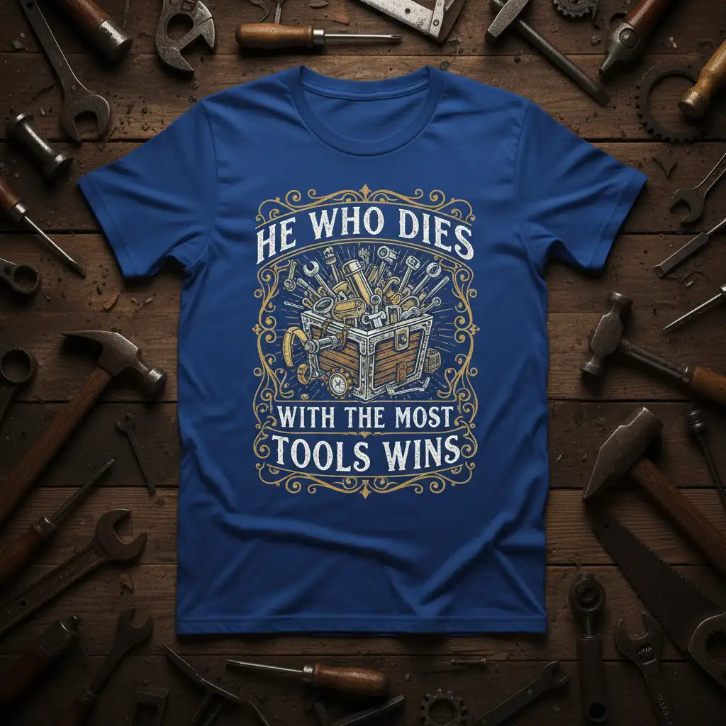 HE WHO DIES WITH THE MOST TOOLS WINS quote and tool chest graphic on a blue t-shirt
