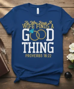 He Who Finds A Wife Finds A Good Thing Proverbs 18:22 T-Shirt with wedding rings graphic