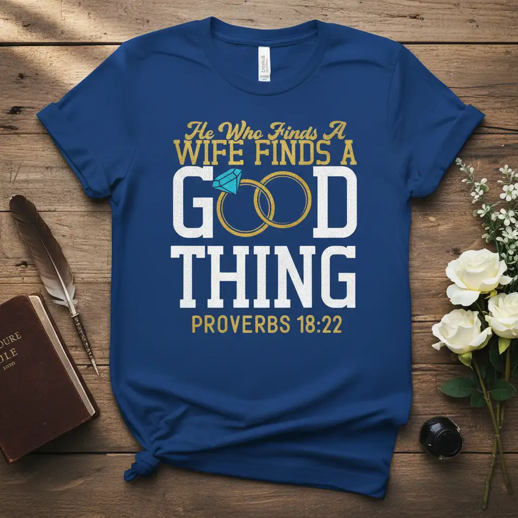 He Who Finds A Wife Finds A Good Thing Proverbs 18:22 scripture design with wedding rings