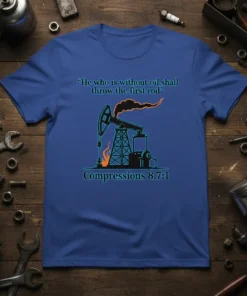 "He who is without oil shall throw the first rod" quote with oil rig graphic on a royal blue t-shirt