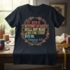 Dark t-shirt with "He Who Is Without Ovaries Shall Not Make Laws For Those Who Do" quote surrounded by roses