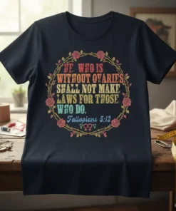 Dark t-shirt with "He Who Is Without Ovaries Shall Not Make Laws For Those Who Do" quote surrounded by roses