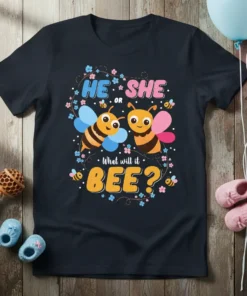 HE OR SHE What will it BEE? gender reveal party t-shirt design with cute bees and floral accents