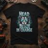 Black t-shirt with "HEAD BITCH IN CHARGE" text and a cybernetic tiger graphic, featuring bright blue eyes