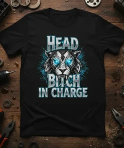 Black t-shirt with "HEAD BITCH IN CHARGE" text and a cybernetic tiger graphic, featuring bright blue eyes