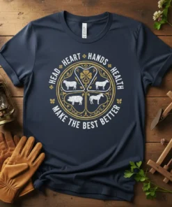 Head Heart Hands Health Make The Best Better quote on a navy t-shirt with farm animal graphics in a circular