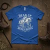 Head Up Heels Down equestrian t-shirt featuring a horse jumping a fence and rider