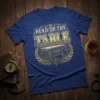 Head of the Table t-shirt design featuring gold text and a decorative table graphic, perfect for gamers
