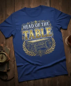 Head of the Table t-shirt design featuring gold text and a decorative table graphic, perfect for gamers