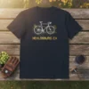 Healdsburg CA t-shirt design with a white bicycle graphic and gold text "HEALDSBURG, CA"
