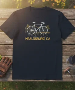 Healdsburg CA t-shirt design with a white bicycle graphic and gold text "HEALDSBURG, CA"