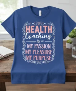 Health Coaching is My Passion My Pleasure My Purpose quote on a blue t-shirt, framed by laurel leaves and stars