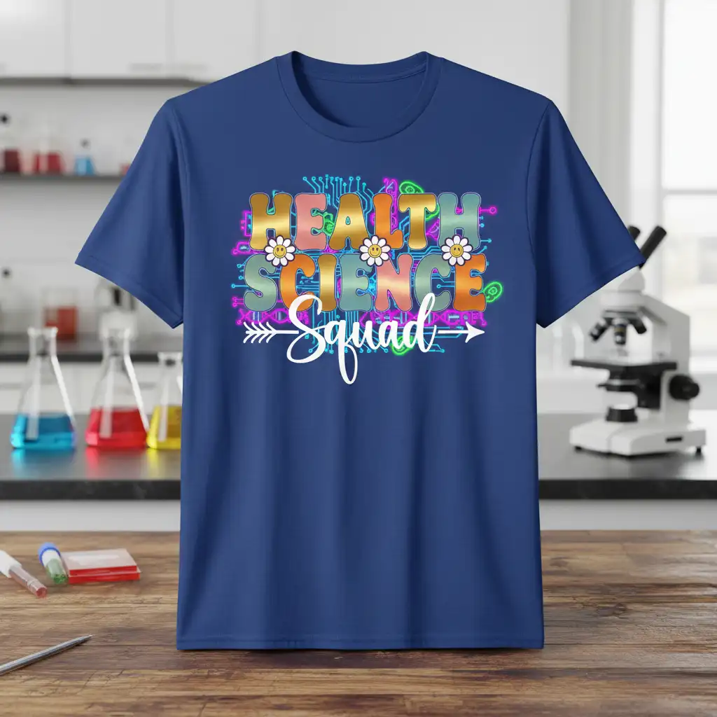 Colorful Health Science Squad text graphic with daisies and circuit board elements, ideal for science team apparel