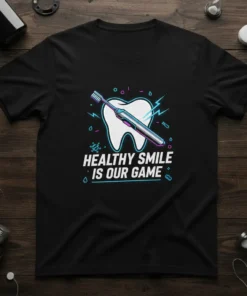 Healthy Smile Is Our Game text with a tooth and electric toothbrush graphic on a black t-shirt