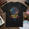 Hear Us Roar Vote 2024 political statement t-shirt with a roaring lion graphic and patriotic colors