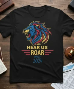 Hear Us Roar Vote 2024 political statement t-shirt with a roaring lion graphic and patriotic colors