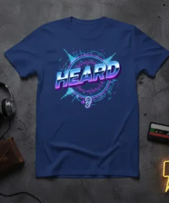 HEARD text with retro sound wave and ear graphic on a navy blue t-shirt