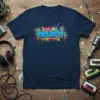 Navy t-shirt with blue "heard." text in graffiti style, surrounded by colorful starbursts and orange drips