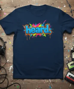 Navy t-shirt with blue "heard." text in graffiti style, surrounded by colorful starbursts and orange drips
