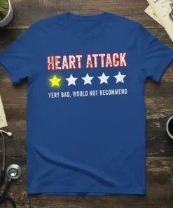 Heart Attack ★☆☆☆☆ Very Bad, Would Not Recommend review t-shirt design in white and red text with yellow and white