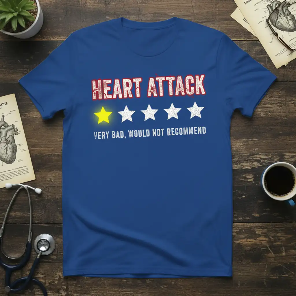 Heart Attack ★☆☆☆☆ Very Bad, Would Not Recommend review quote design with distressed typography and star rating