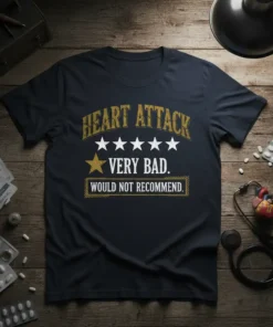 Heart Attack Very Bad Would Not Recommend t-shirt with distressed typography and star ratings