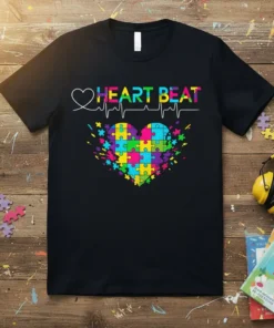 Black t-shirt with "HEART BEAT" text and a colorful puzzle heart graphic, representing autism awareness