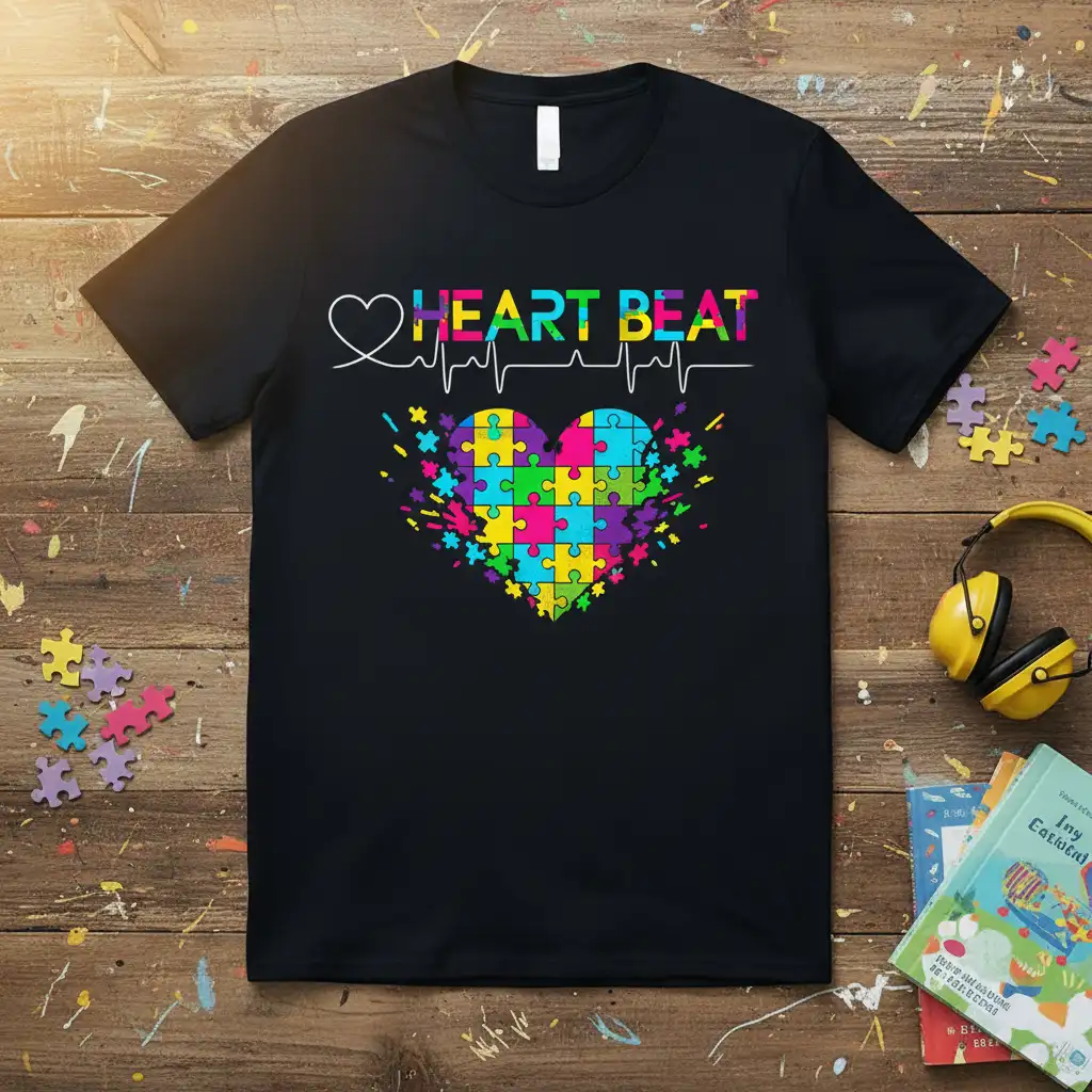 Heart Beat Autism Awareness T-Shirt with colorful puzzle heart and heartbeat graphic