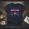 Heart Coffee t-shirt design featuring neon text and a heartbeat graphic with a coffee cup