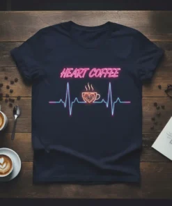 Heart Coffee t-shirt design featuring neon text and a heartbeat graphic with a coffee cup