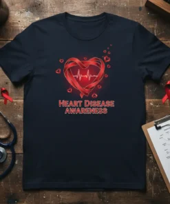 Heart Disease Awareness T-Shirt with red ribbon heart graphic and EKG line