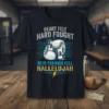 Heart Felt Hard Fought Been Through Hell Hallelujah boxing quote t-shirt with white and blue boxing gloves