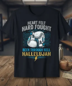 Heart Felt Hard Fought Been Through Hell Hallelujah boxing quote t-shirt with white and blue boxing gloves